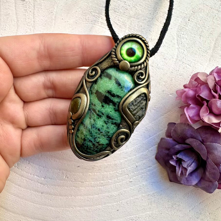 Artisan one-of-a-kind healing crystal talisman necklace featuring Zoisite, grounding Moldavite and Green Tourmaline eye energy tool.