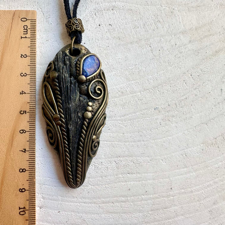 Handmade Black Kyanite and Lapis Lazuli unisex pendant necklace, a one of a kind crystal talisman designed for grounding, protection, intuition and inner wisdom.