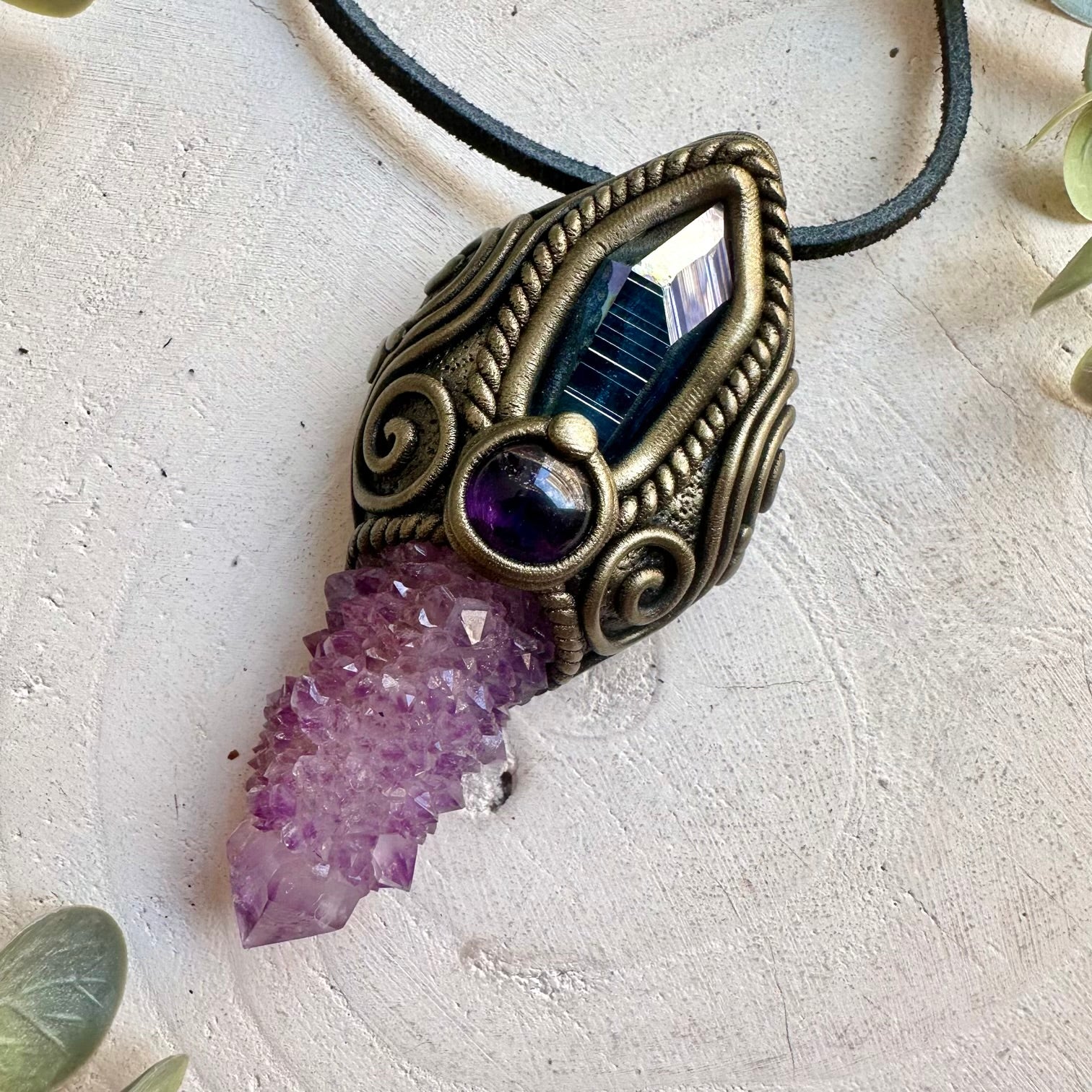 Artisan crystal wand handcrafted with Deep Purple Spirit Quartz, Aqua Aura Quartz and Amethyst.