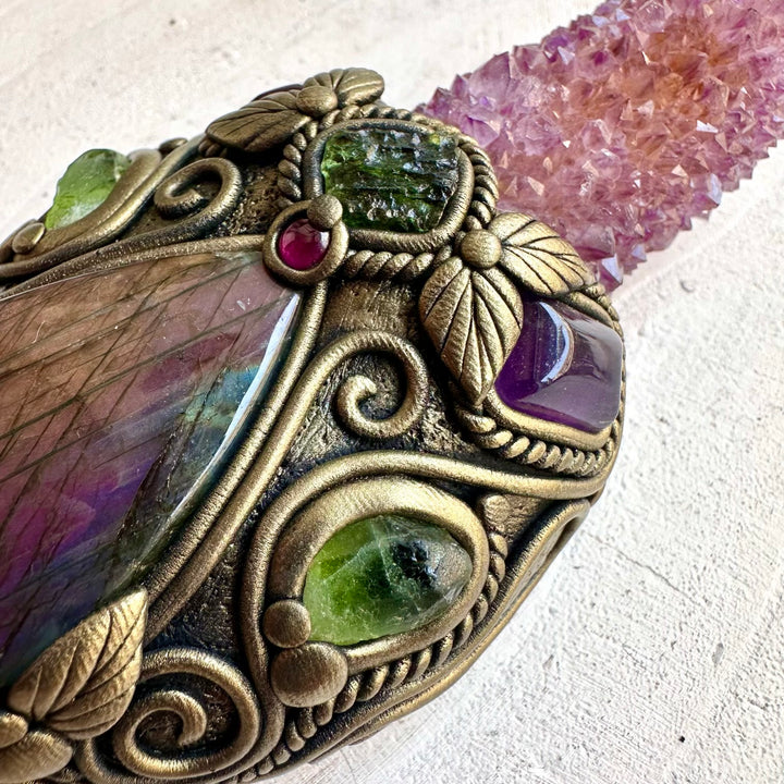 Handmade ritual wand combining Spirit Quartz, Labradorite and Amethyst for a magical natural look.
