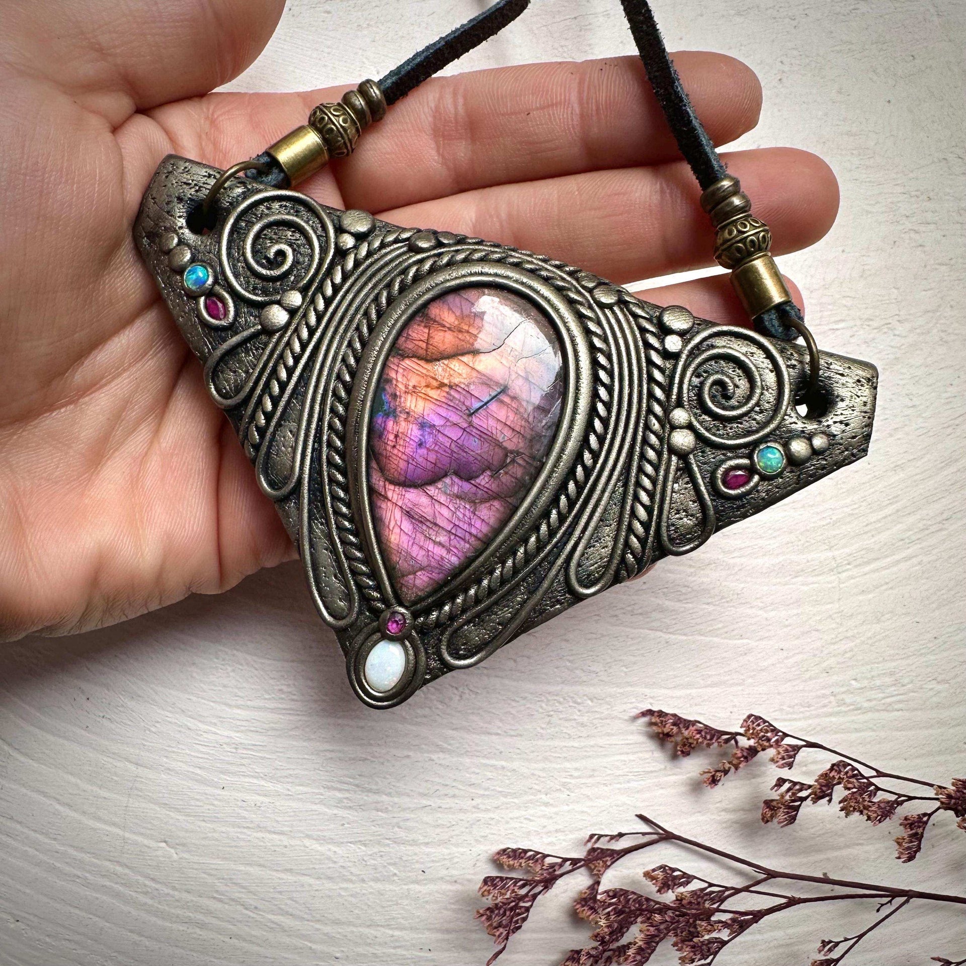 Labradorite Australian Opal and Ruby Necklace - FairyGardenGlow