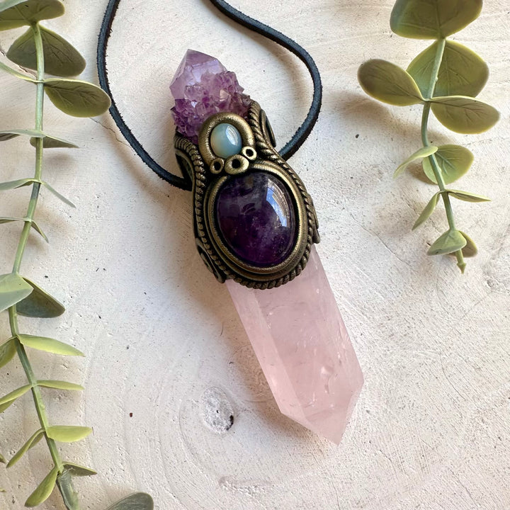 Handmade Rose Quartz crystal wand pendant necklace featuring Deep Purple Spirit Quartz, Amethyst and Chalcedony, a one of a kind healing crystal talisman designed for self-love, emotional healing, spiritual awakening and inner peace.