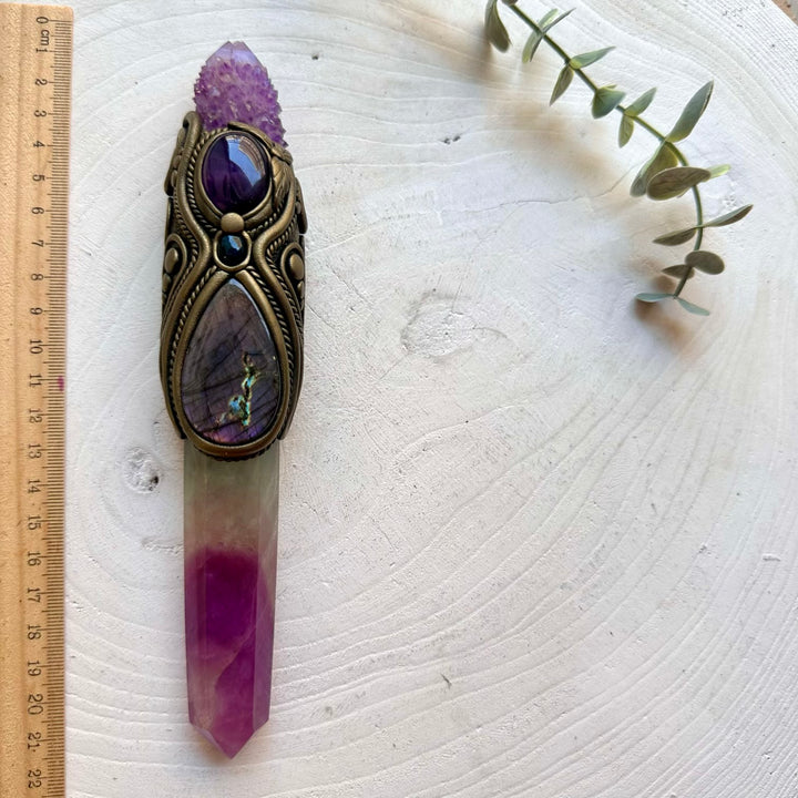 Beautiful crystal wand featuring Rainbow Fluorite, Spirit Quartz and shimmering Black Ethiopian Opal.