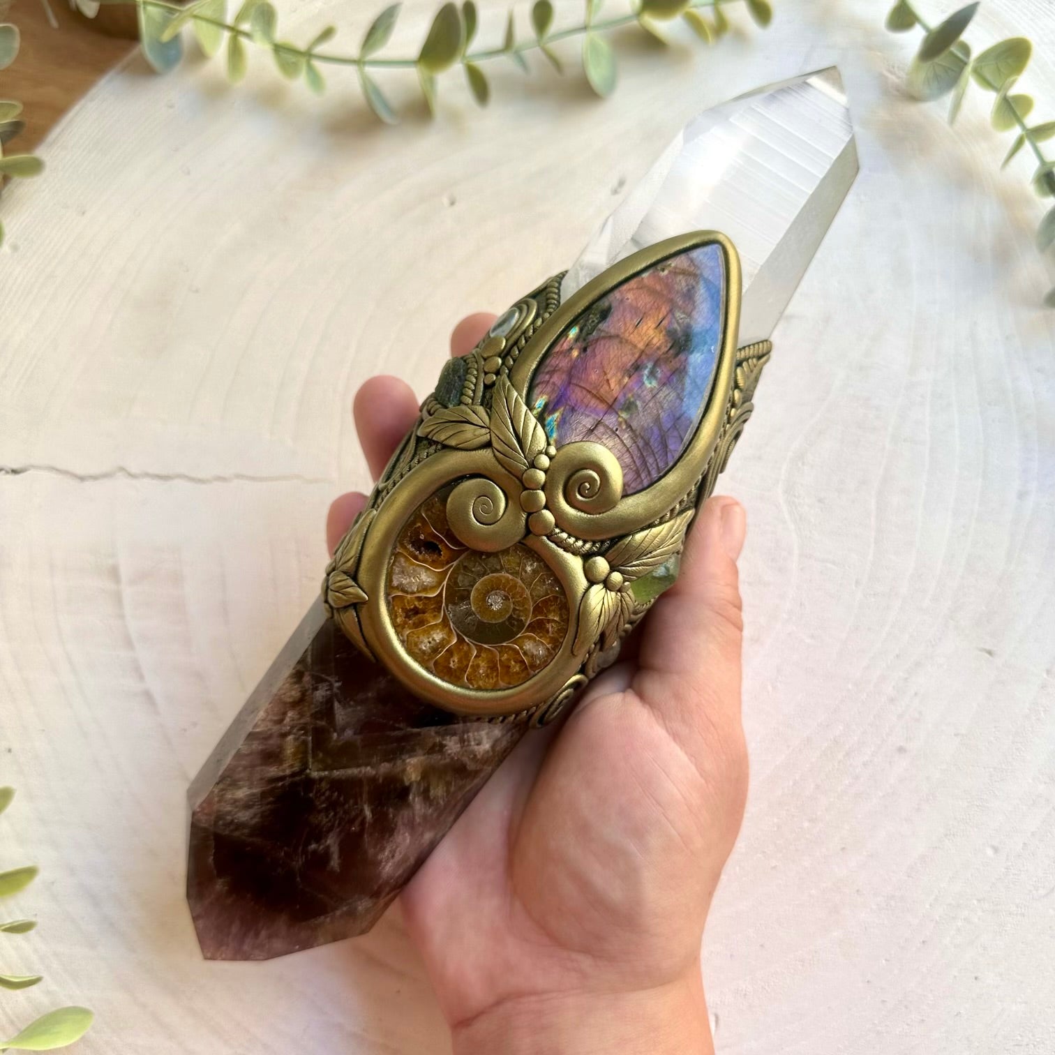 One of a kind healing crystal wand featuring Super Seven Quartz and carefully selected natural gemstones.
