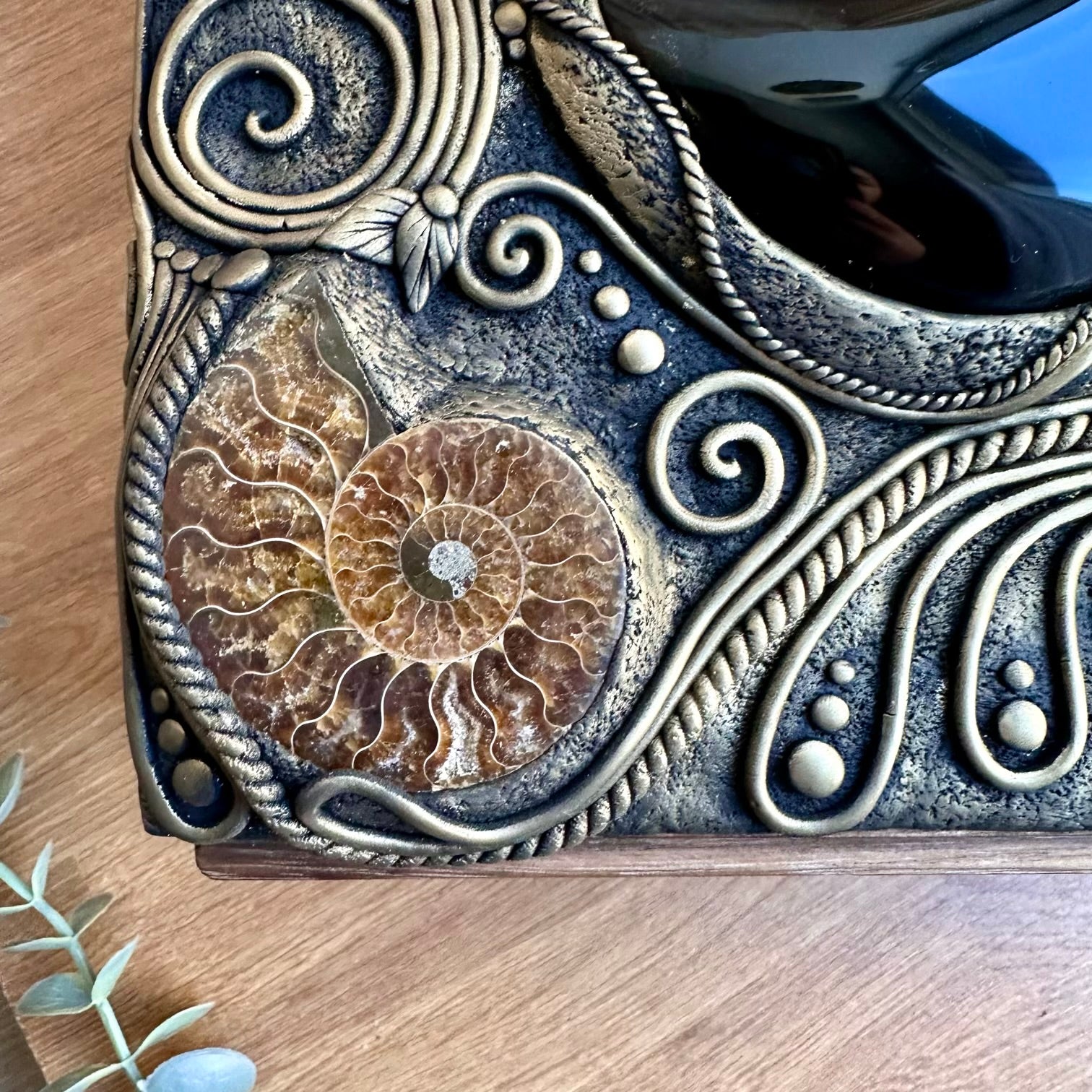 Metaphysical home decor box with Moldavite, Ammonite and Super Seven Quartz