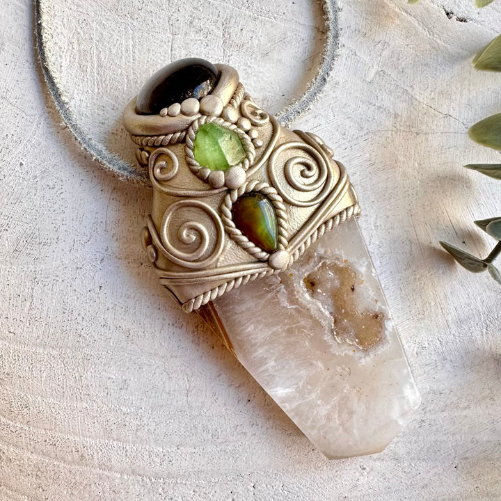 Handmade gemstone wand pendant combining natural Agate with Smoky Quartz, Peridot and Black Ethiopian Opal.