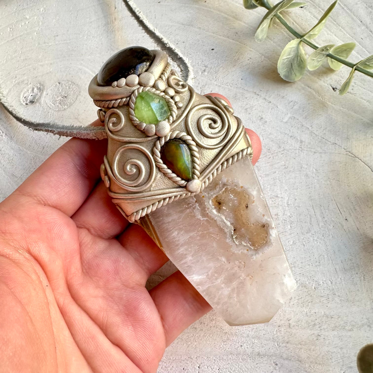 One of a kind handmade wand necklace combining an Agate Point with Raw Peridot and Black Ethiopian Opal.