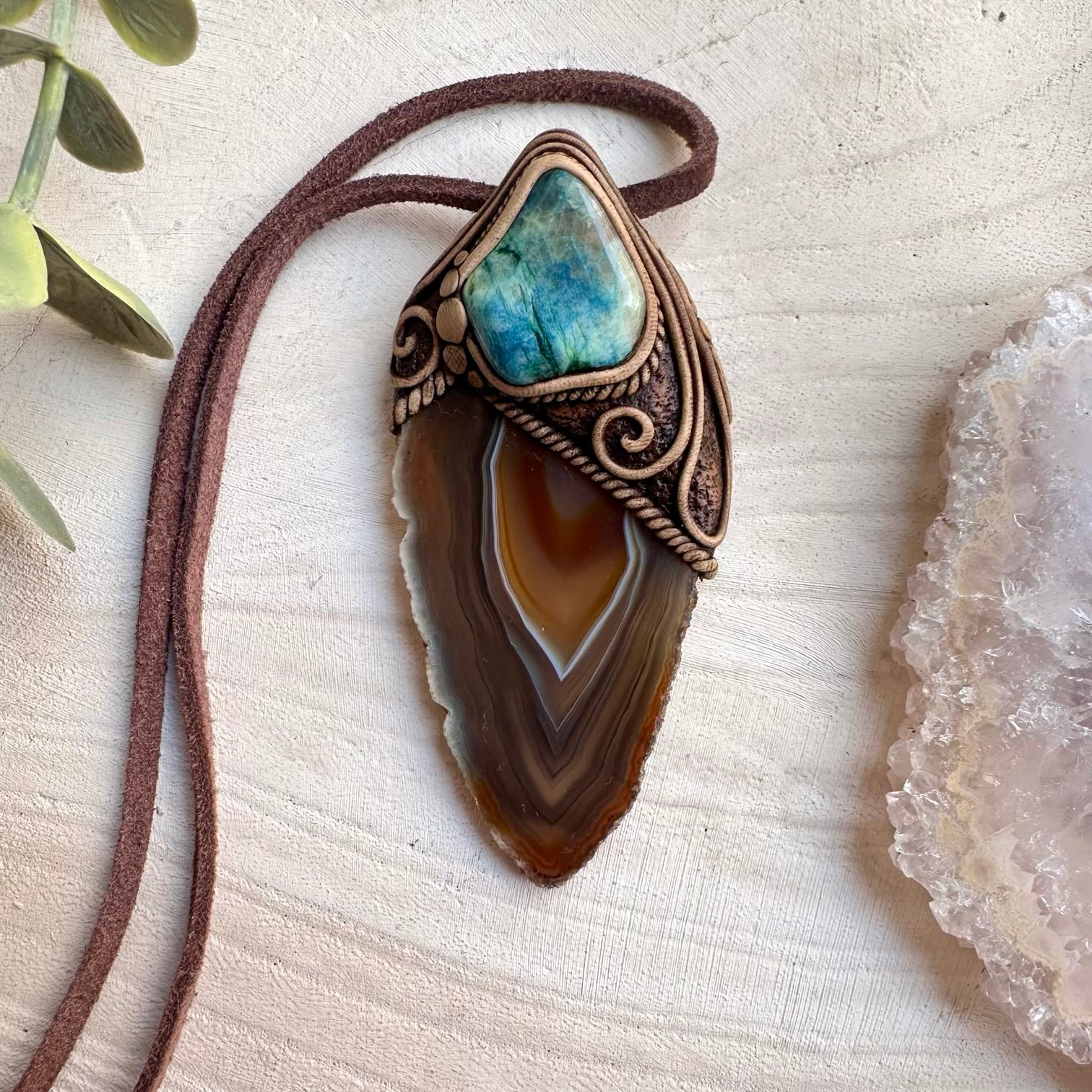 Handmade necklace featuring agate slice and chrysocolla