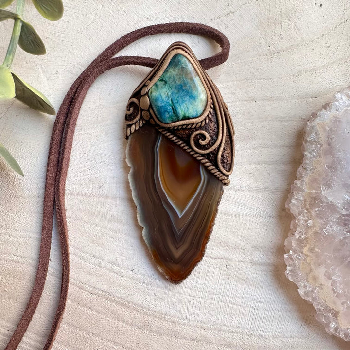 Handmade necklace featuring agate slice and chrysocolla