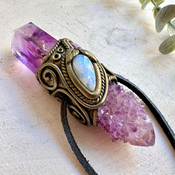 Crystal wand pendant featuring sparkling Spirit Quartz with purple Amethyst and Charoite.
