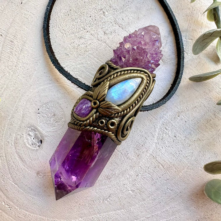 Amethyst with Spirit Quartz, Rainbow Moonstone and Charoite wand pendant necklace handcrafted with natural crystals.