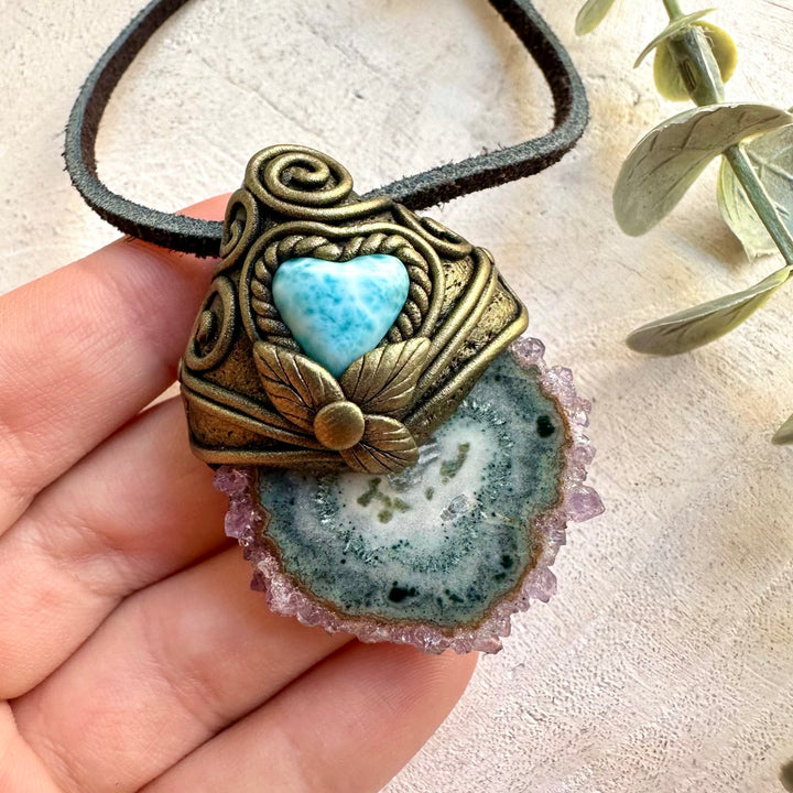 Handmade gemstone pendant combining purple Amethyst Stalactite with a beautiful Larimar Heart.