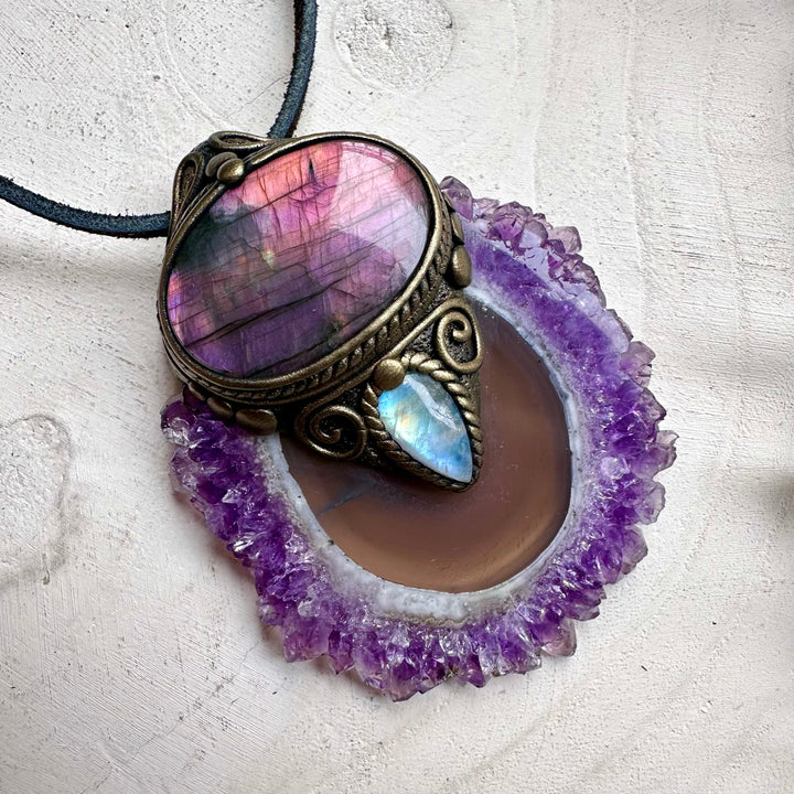 Natural amethyst stalactite paired with pink labradorite and rainbow moonstone