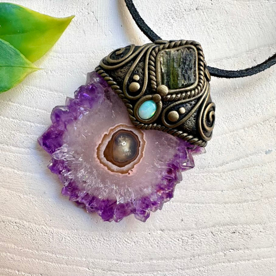 Spiritual jewelry made with Amethyst Stalactite, Moldavite and Australian Opal