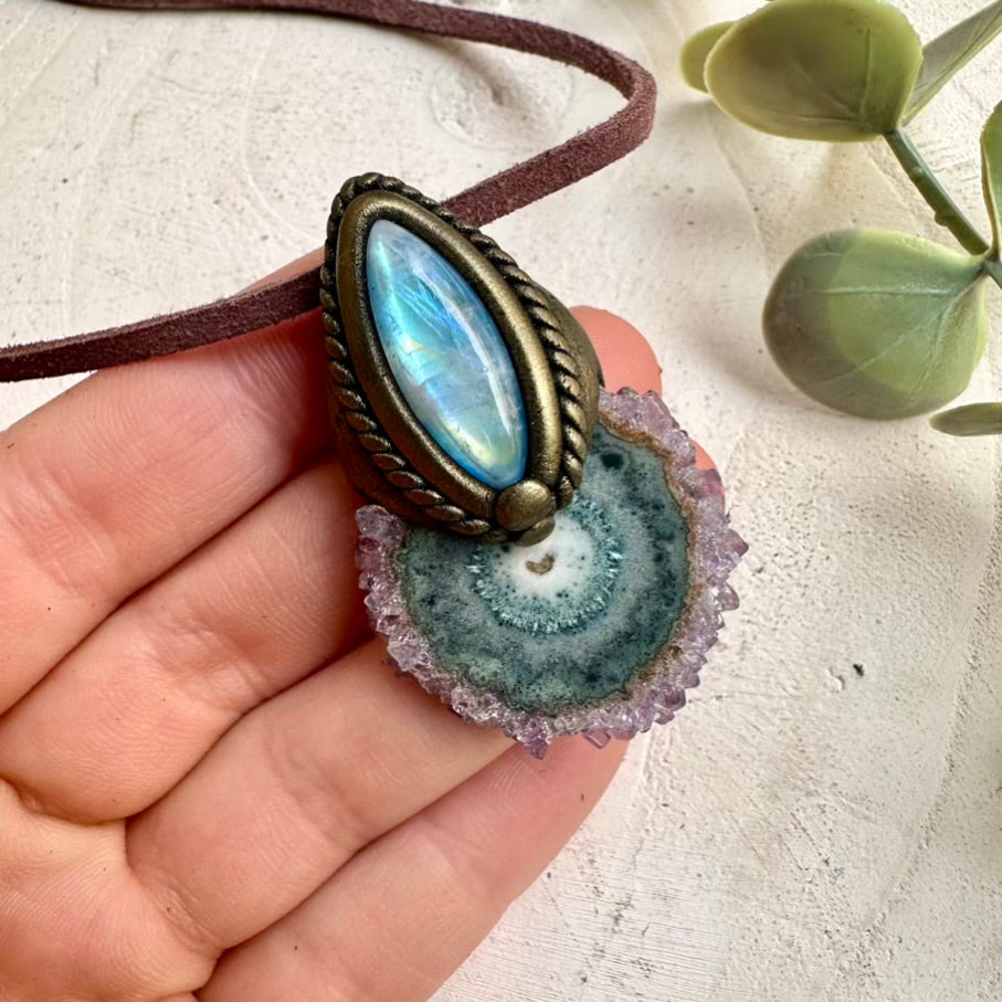 Handmade necklace featuring natural amethyst stalactite and rainbow moonstone
