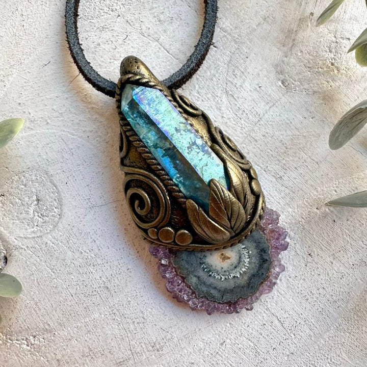 Handmade pendant necklace featuring an Amethyst Stalactite and Aqua Aura Quartz.