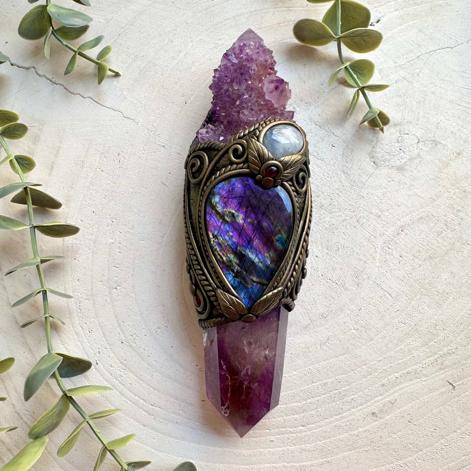 Polished Ametrine point crystal wand handcrafted with Deep Purple Spirit Quartz, Purple Labradorite, Moonstone and Rhodolite Garnet.