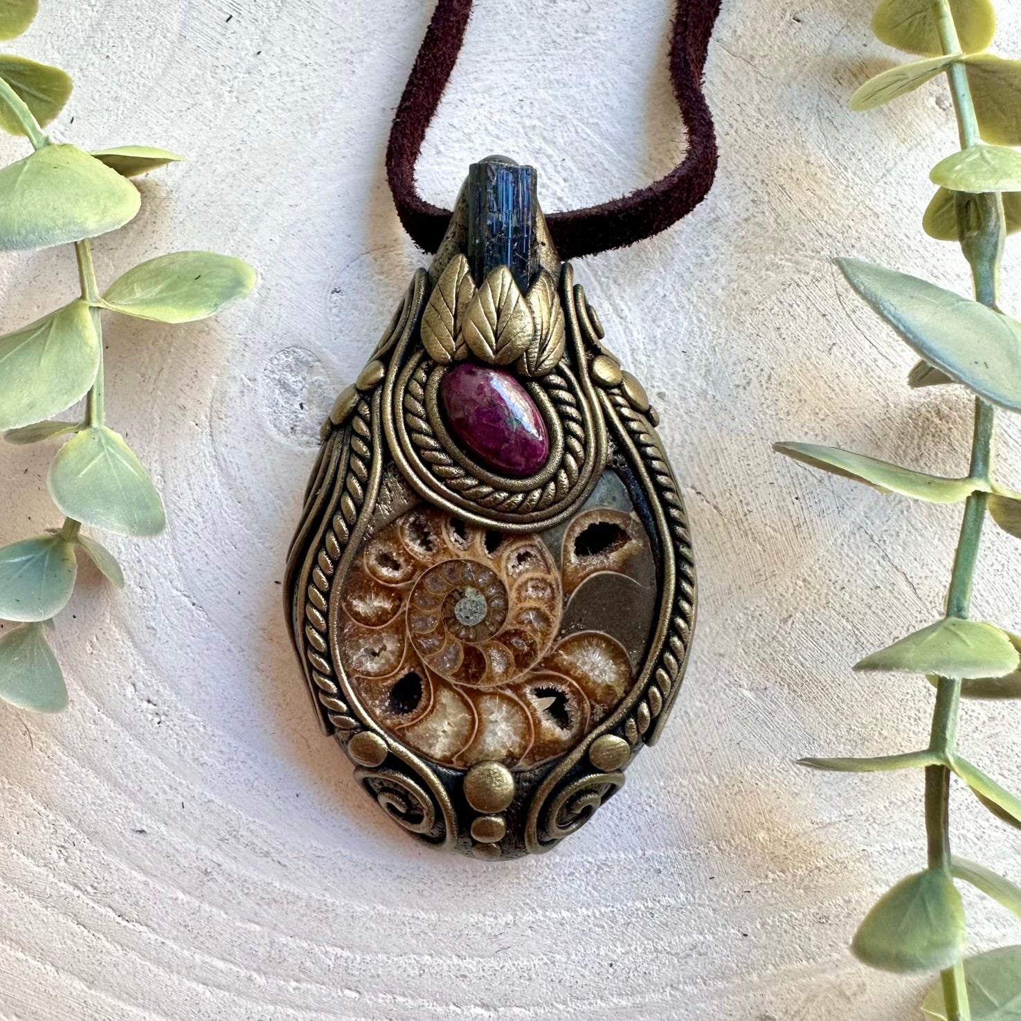 Spiritual gemstone necklace handcrafted with Ammonite, Black Tourmaline and Ruby.