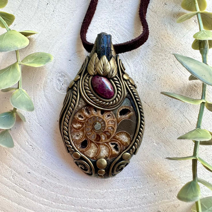 Spiritual gemstone necklace handcrafted with Ammonite, Black Tourmaline and Ruby.