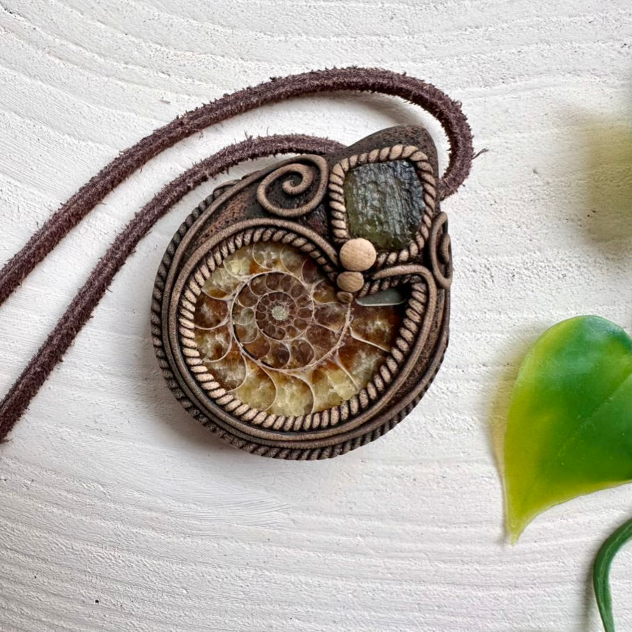 Natural Moldavite and Ammonite fossil pendant necklace