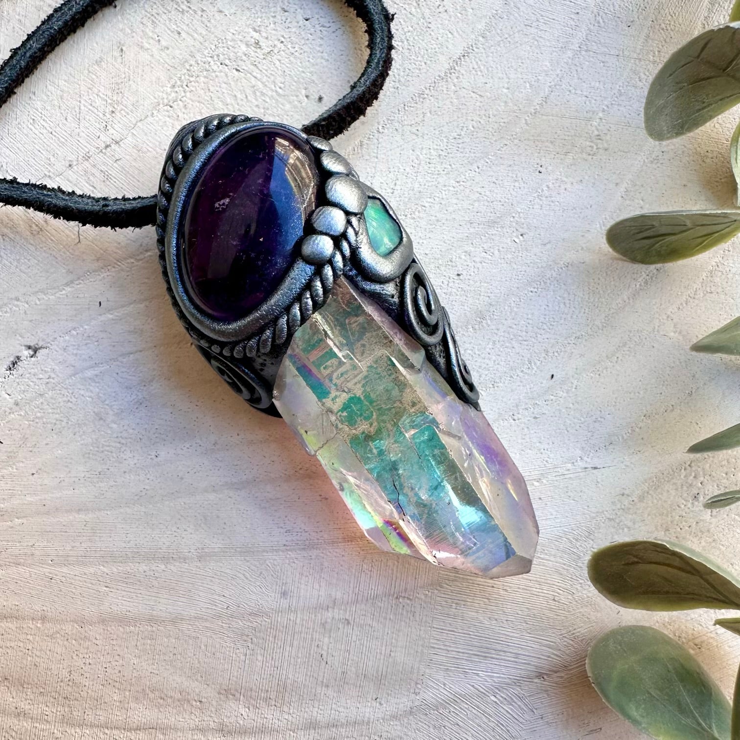 Healing crystal pendant necklace with amethyst and raw Ethiopian opal