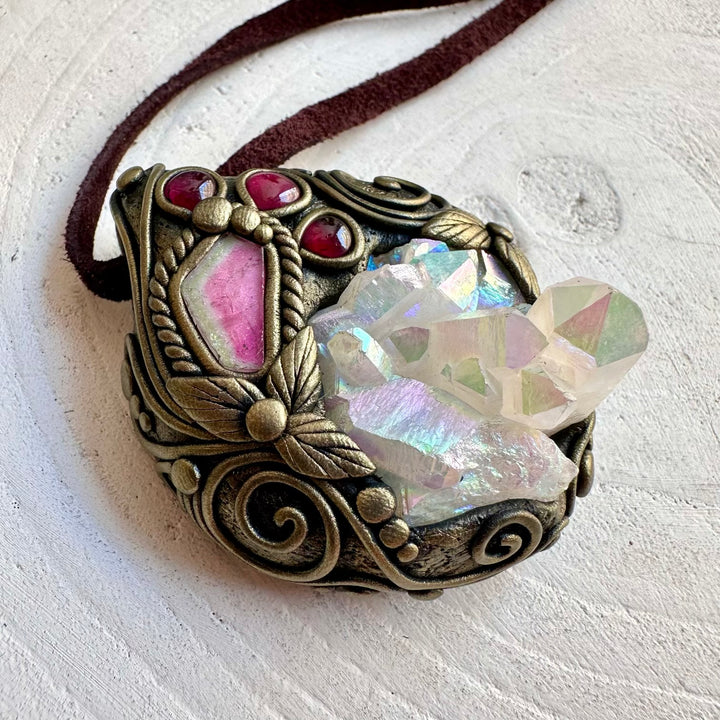 Artisan pendant featuring Angel Aura Quartz and vibrant Watermelon Tourmaline with Rhodolite Garnet.