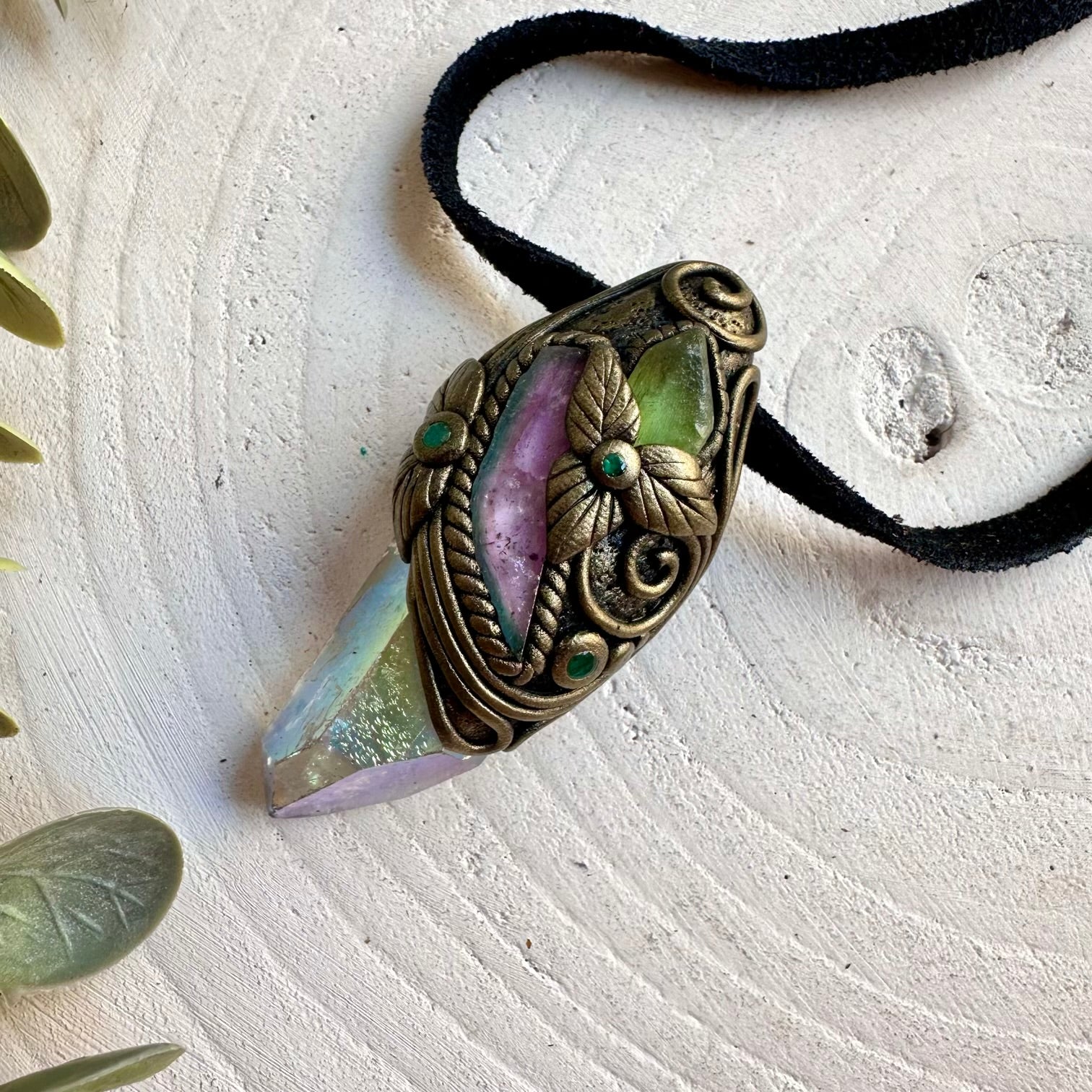 Handmade spiritual necklace featuring Watermelon Tourmaline and Emerald with Angel Aura Quartz.