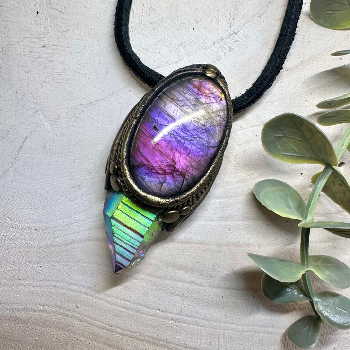 Healing crystal pendant necklace with angel aura quartz and labradorite
