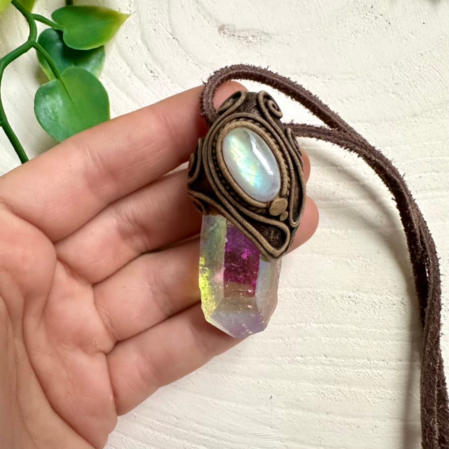 Moonstone and Angel Aura Quartz handmade pendant necklace