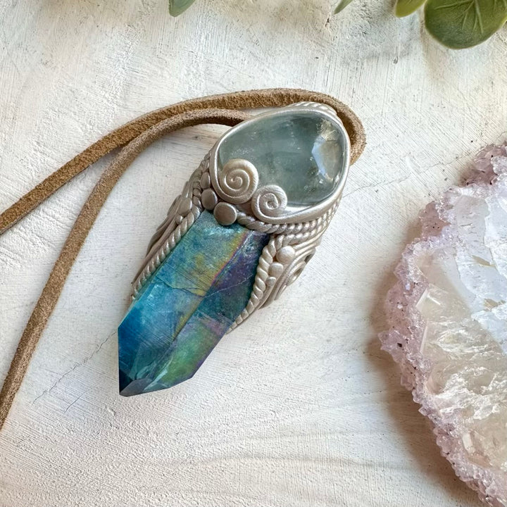 One of a kind aqua aura quartz and celestite gemstone necklace