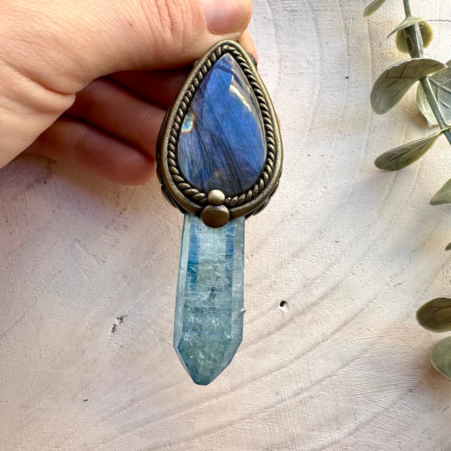 Handmade pendant necklace featuring aqua aura quartz and labradorite