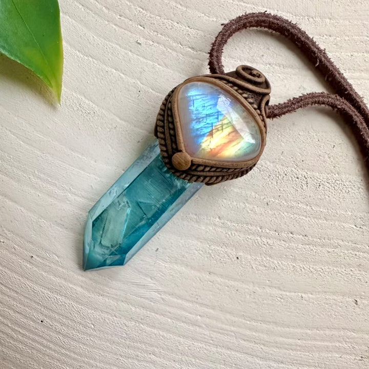 Natural Moonstone and Aqua Aura Quartz handmade pendant necklace