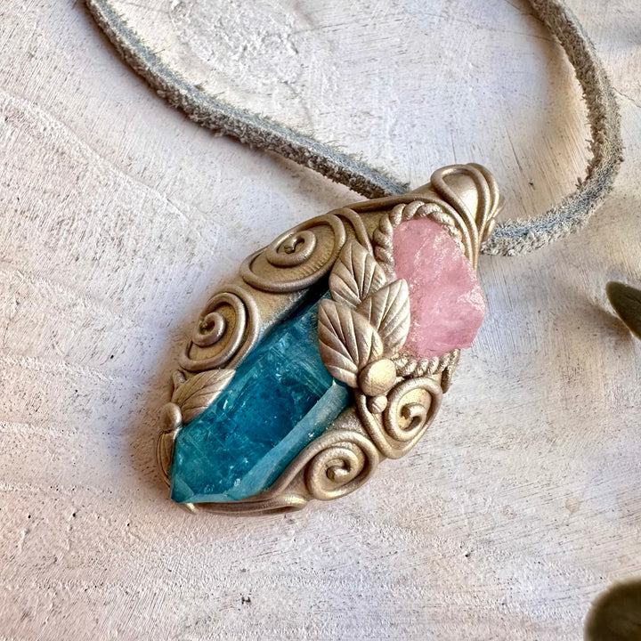 One of a kind handmade necklace combining luminous Aqua Aura Quartz with Morganite.