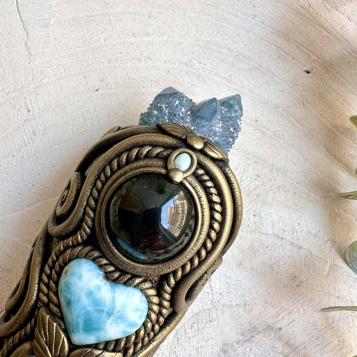 Handmade Pagan altar tool featuring Smoky Quartz, Spirit Quartz, Larimar, Moonstone and Australian Opal.
