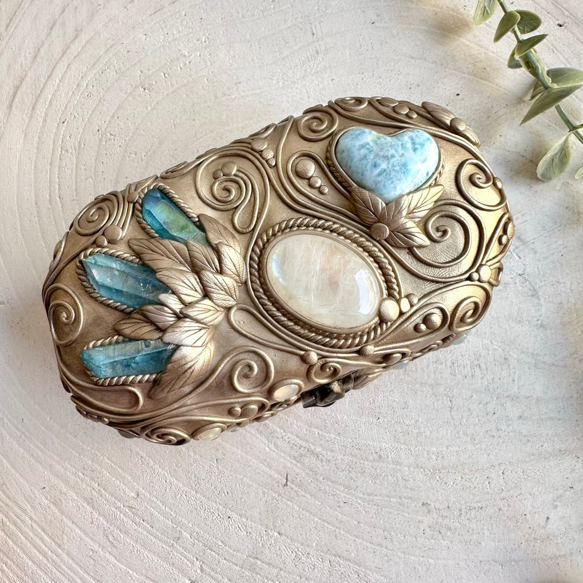 One of a kind gemstone-decorated box with Rainbow Moonstone and Ethiopian Opal accents.