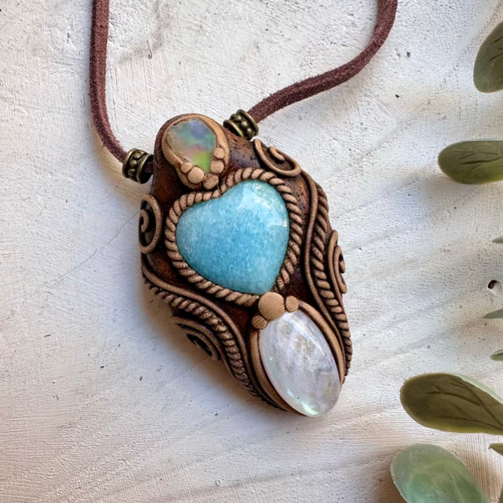 Natural aquamarine paired with moonstone and Ethiopian opal unique spiritual talisman necklace