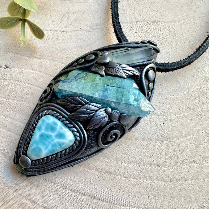 Energy pendant with aura quartz aquamarine and larimar