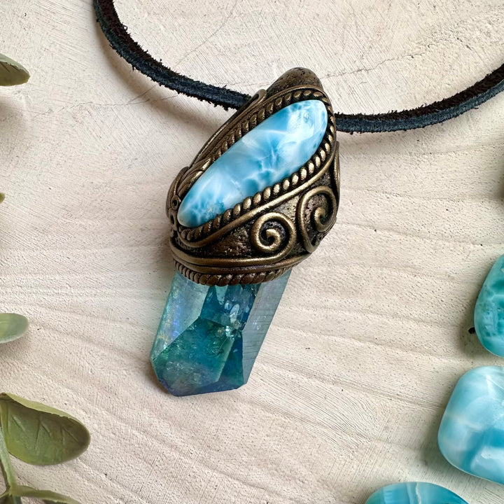 One of a kind aura quartz and larimar gemstone necklace