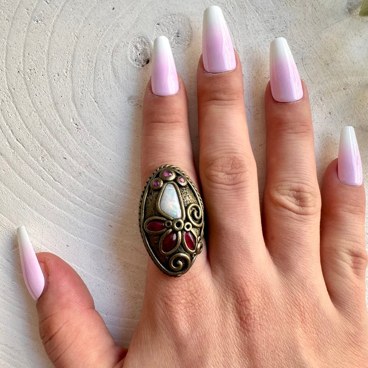 Handmade opal ring featuring natural Australian Opal and vibrant gemstone accents.