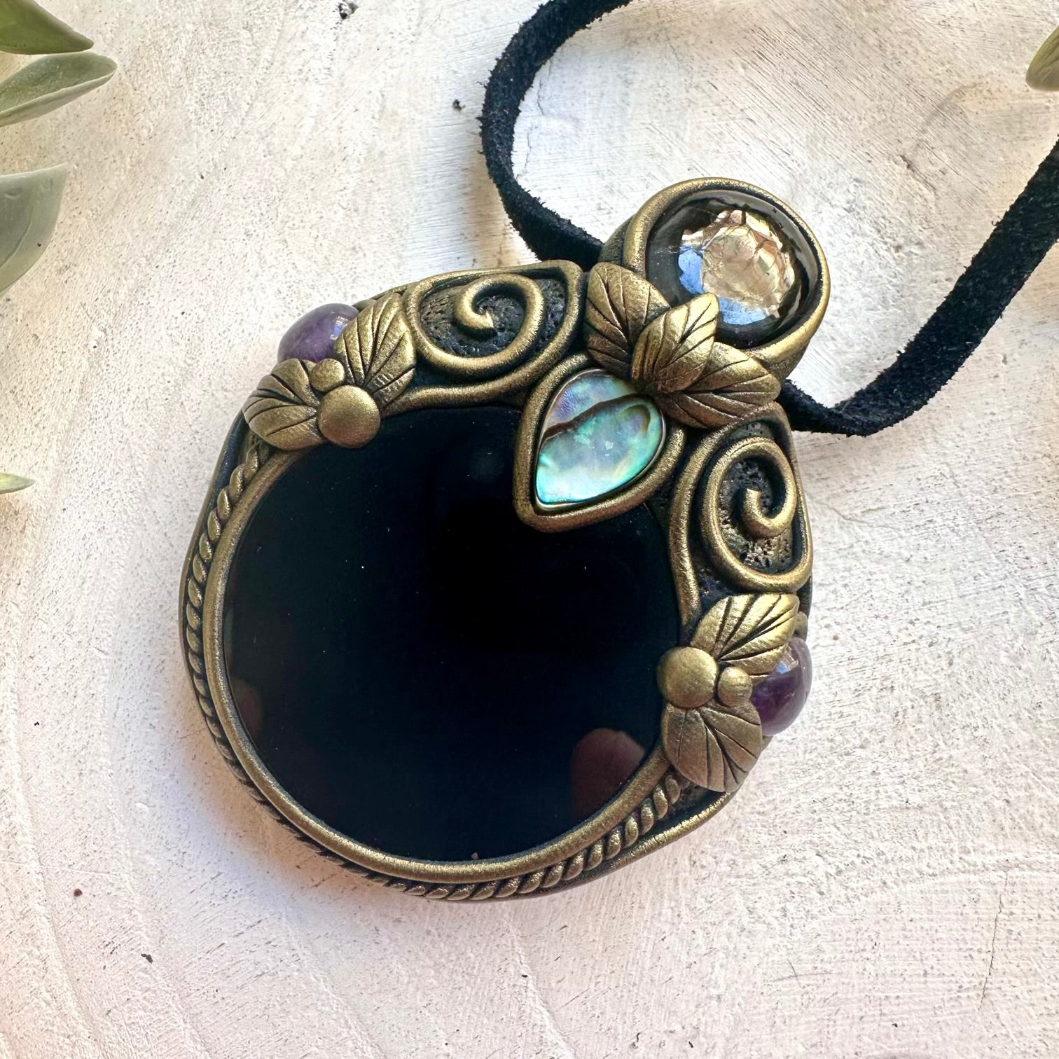Unique healing crystal necklace with Rhodolite Garnet, Amethyst and genuine Black Obsidian.