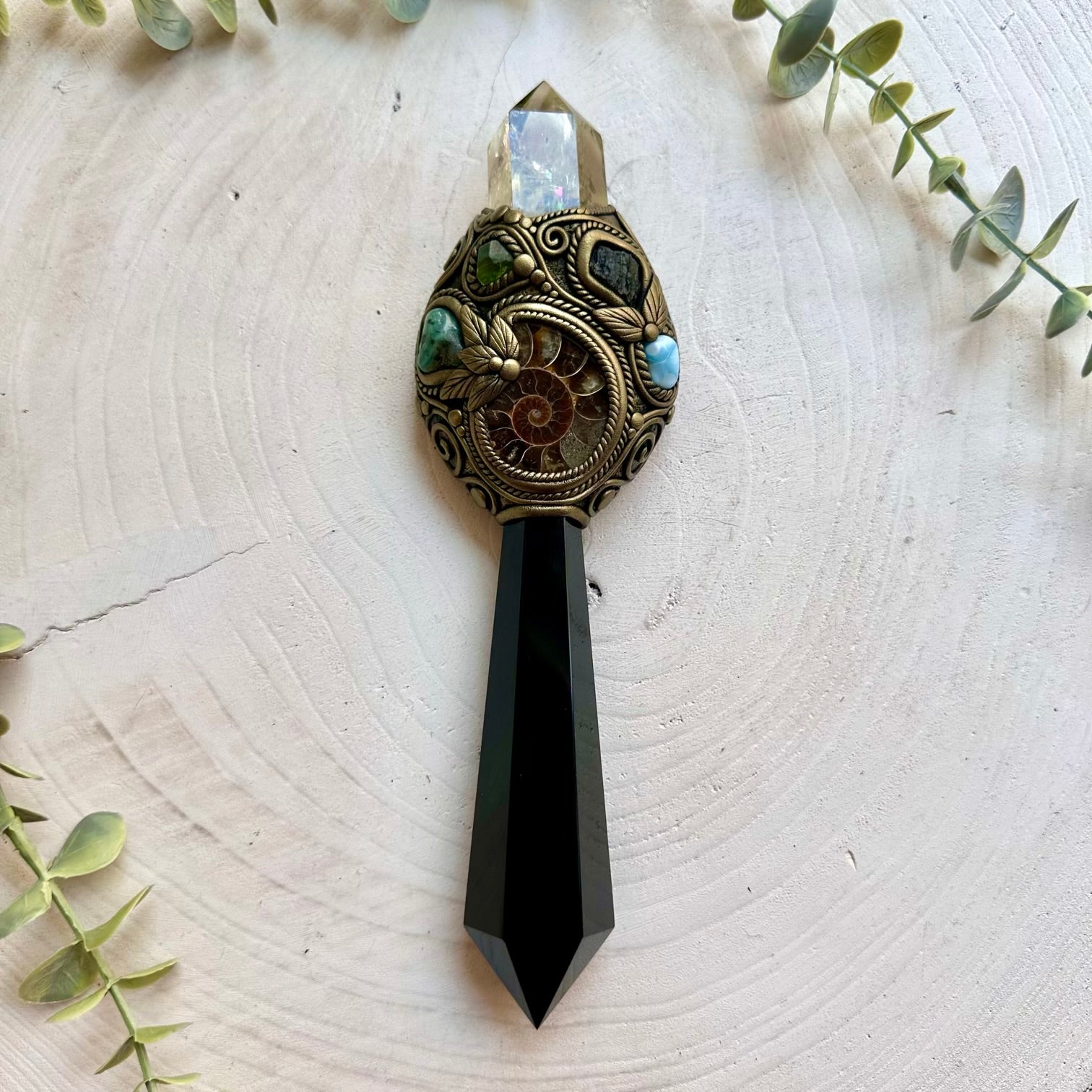 One of a kind healing crystal wand featuring Black Obsidian and genuine natural gemstones.