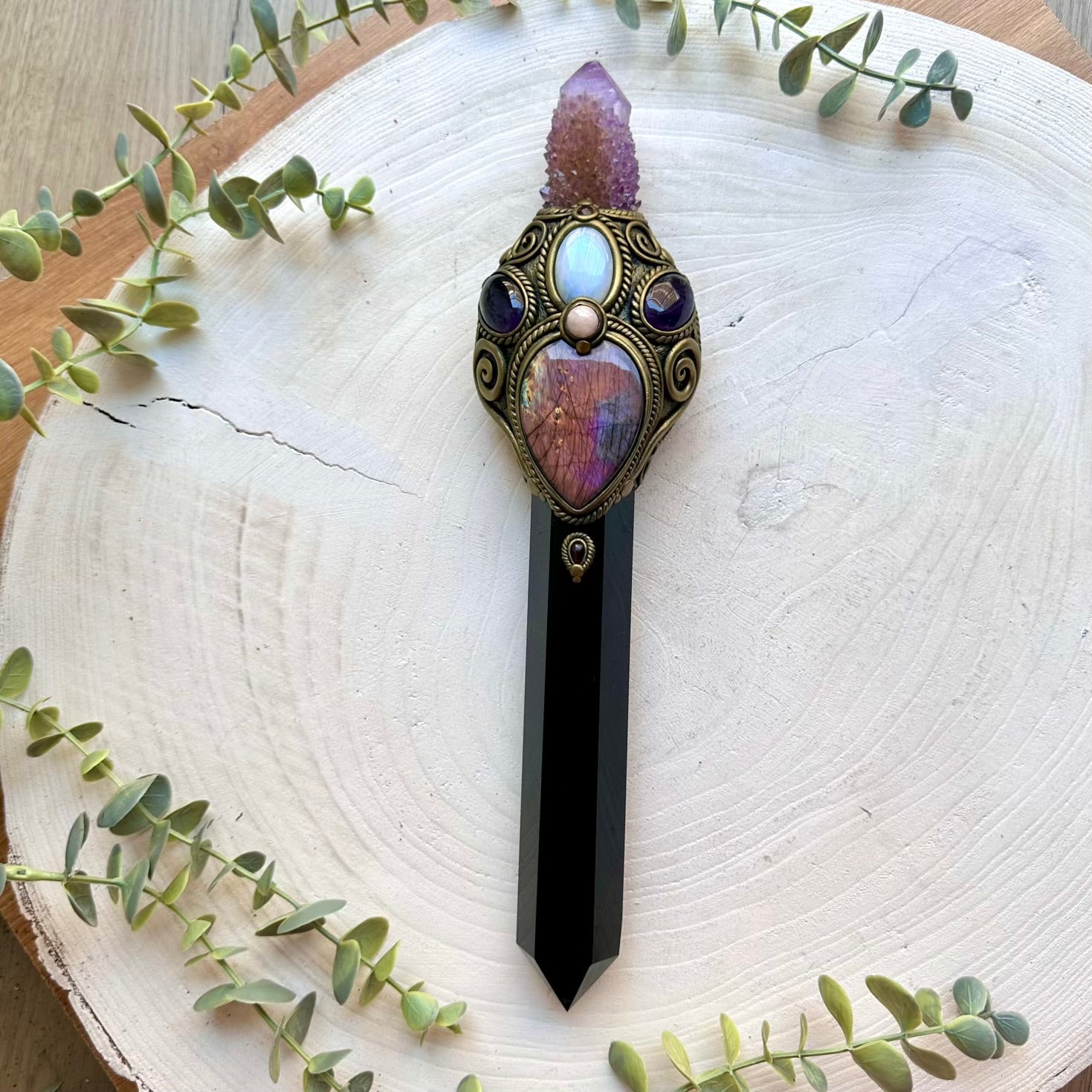 One of a kind crystal wand handcrafted with Black Obsidian, Rainbow Moonstone and Amethyst.