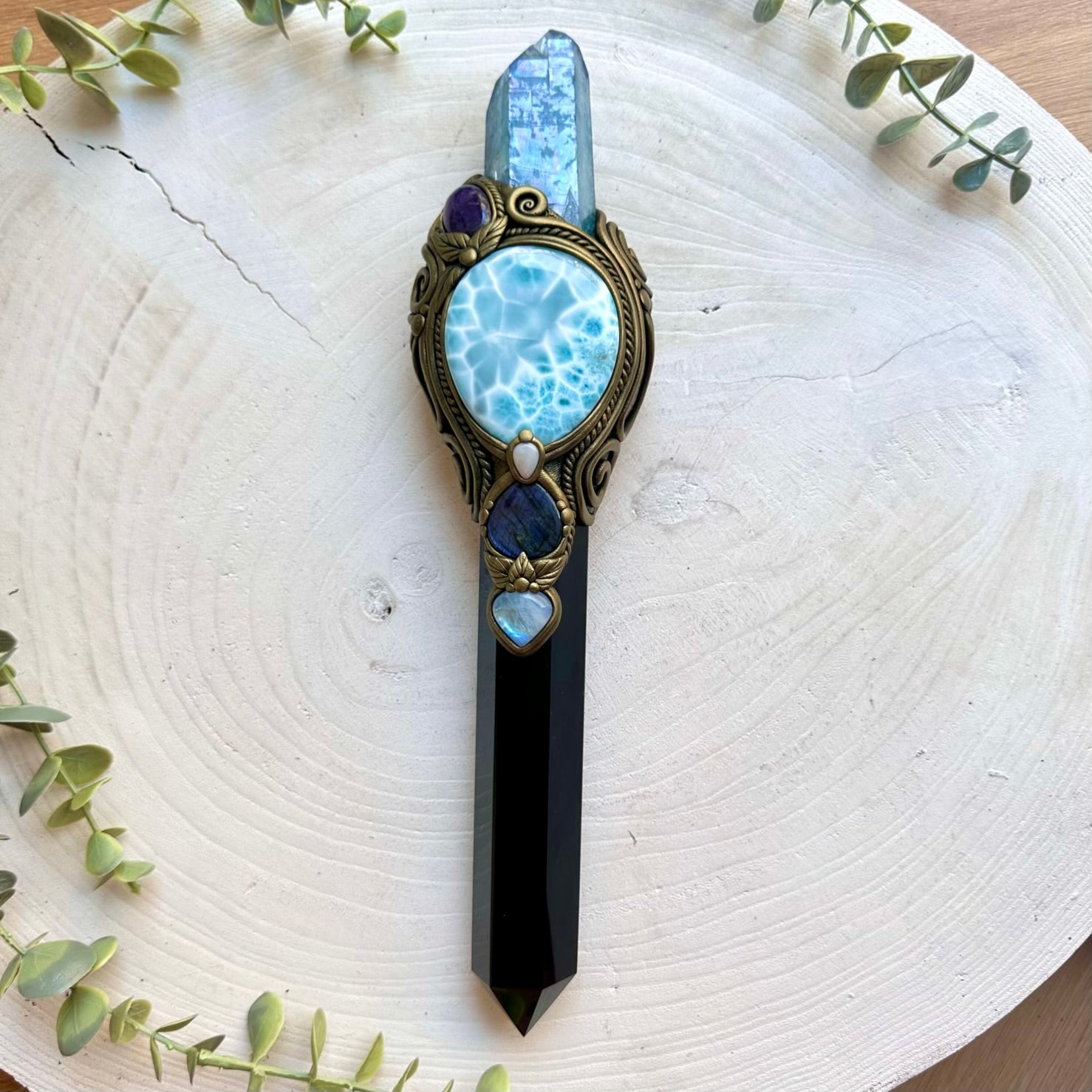 One of a kind healing wand handcrafted with Black Obsidian, Labradorite, Rainbow Moonstone and Amethyst.