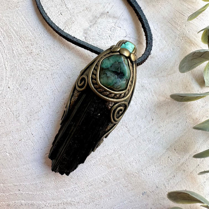 Spiritual unisex necklace handcrafted with Black Tourmaline, Emerald and Tibetan Turquoise.