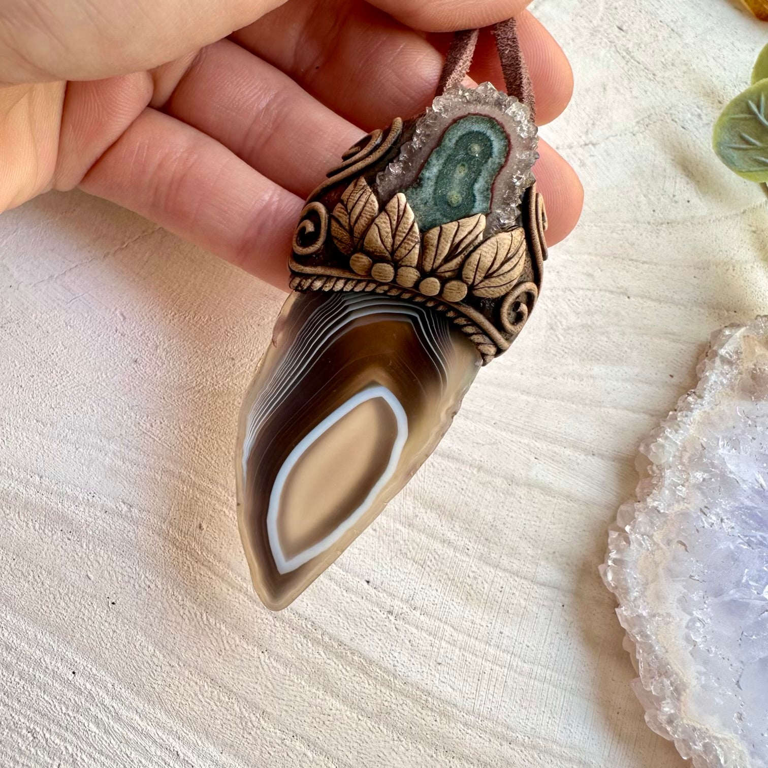 Healing crystal pendant with Botswana agate and amethyst