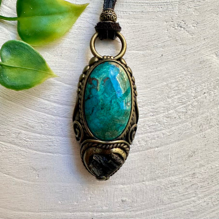 Moldavite and Chrysocolla Pendant – Raw Crystal Necklace for Balance and Emotional Healing
