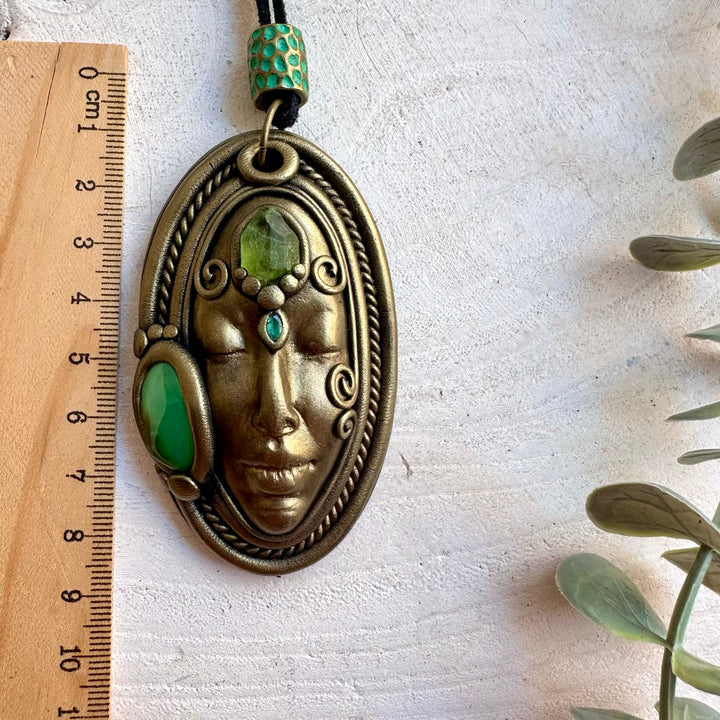 Handmade energy healing goddess pendant featuring natural Chrysoprase with raw Peridot and Emerald.