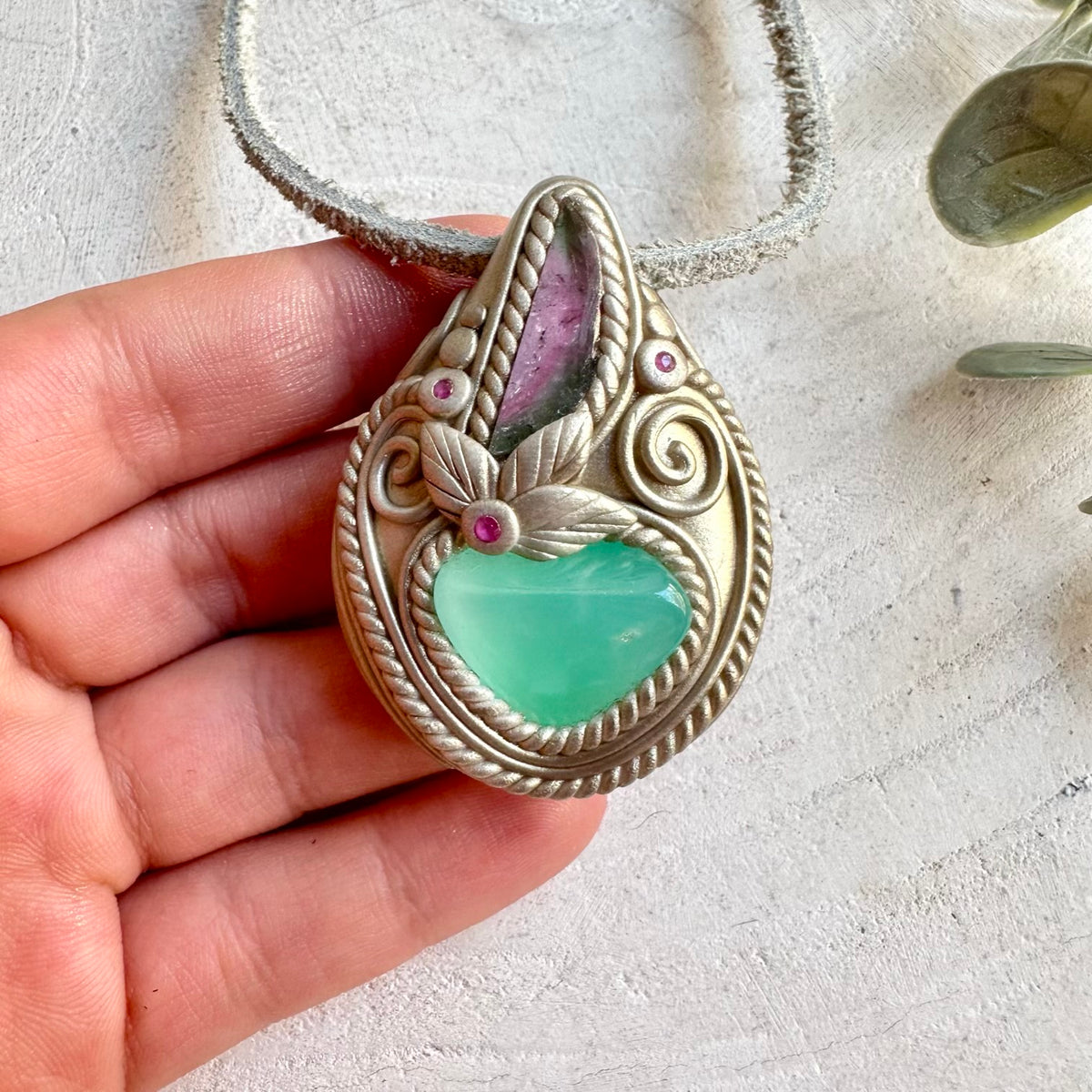 Chrysoprase with Watermelon Tourmaline and Ruby pendant necklace, handcrafted as unique healing crystal gemstone jewelry.