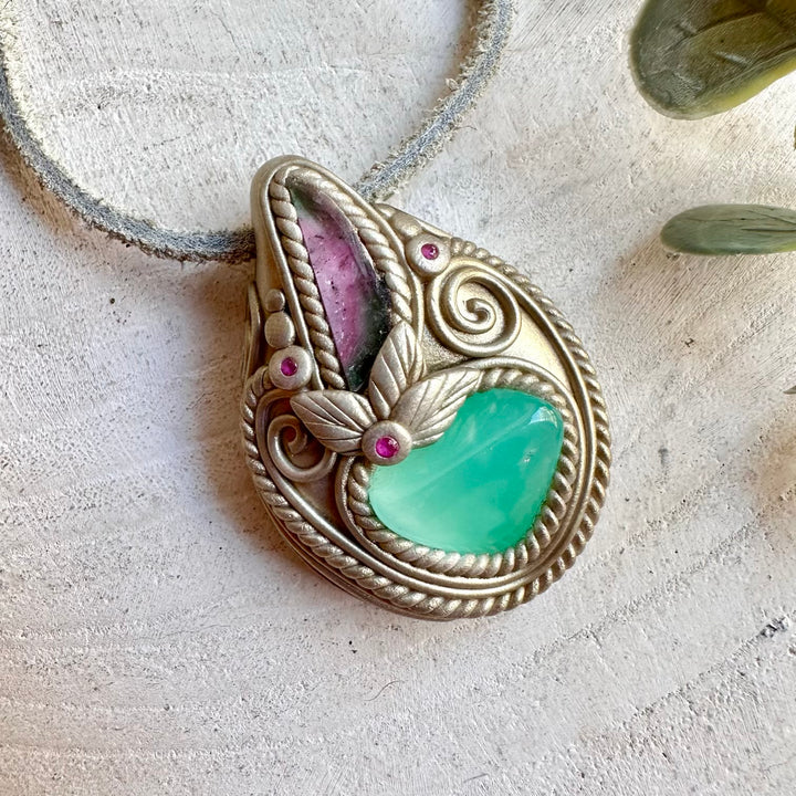 Unique gemstone pendant featuring natural Chrysoprase with Watermelon Tourmaline and Ruby accents.