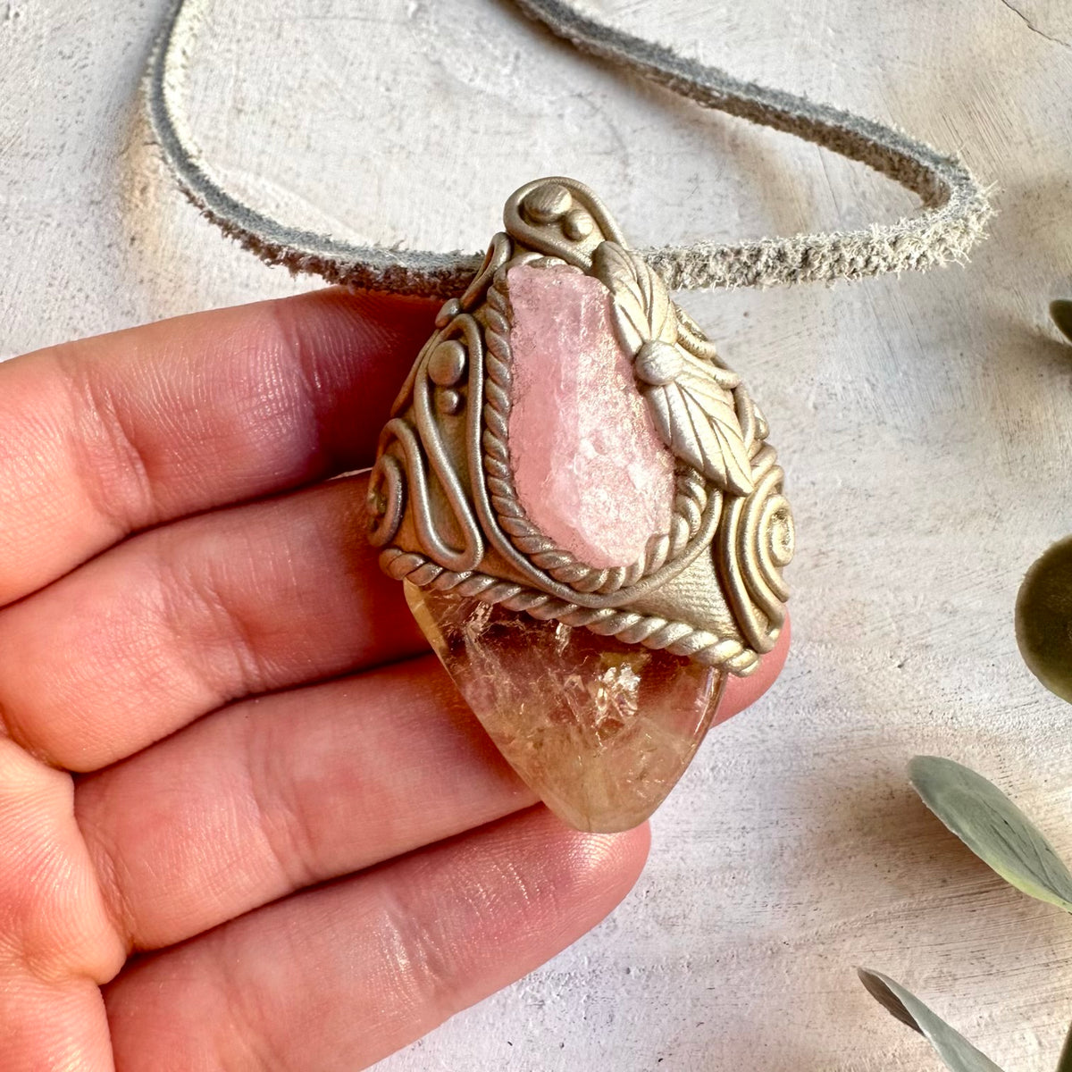 Golden Citrine gemstone pendant accented with Raw Morganite, traditionally associated with confidence, joy and abundance.